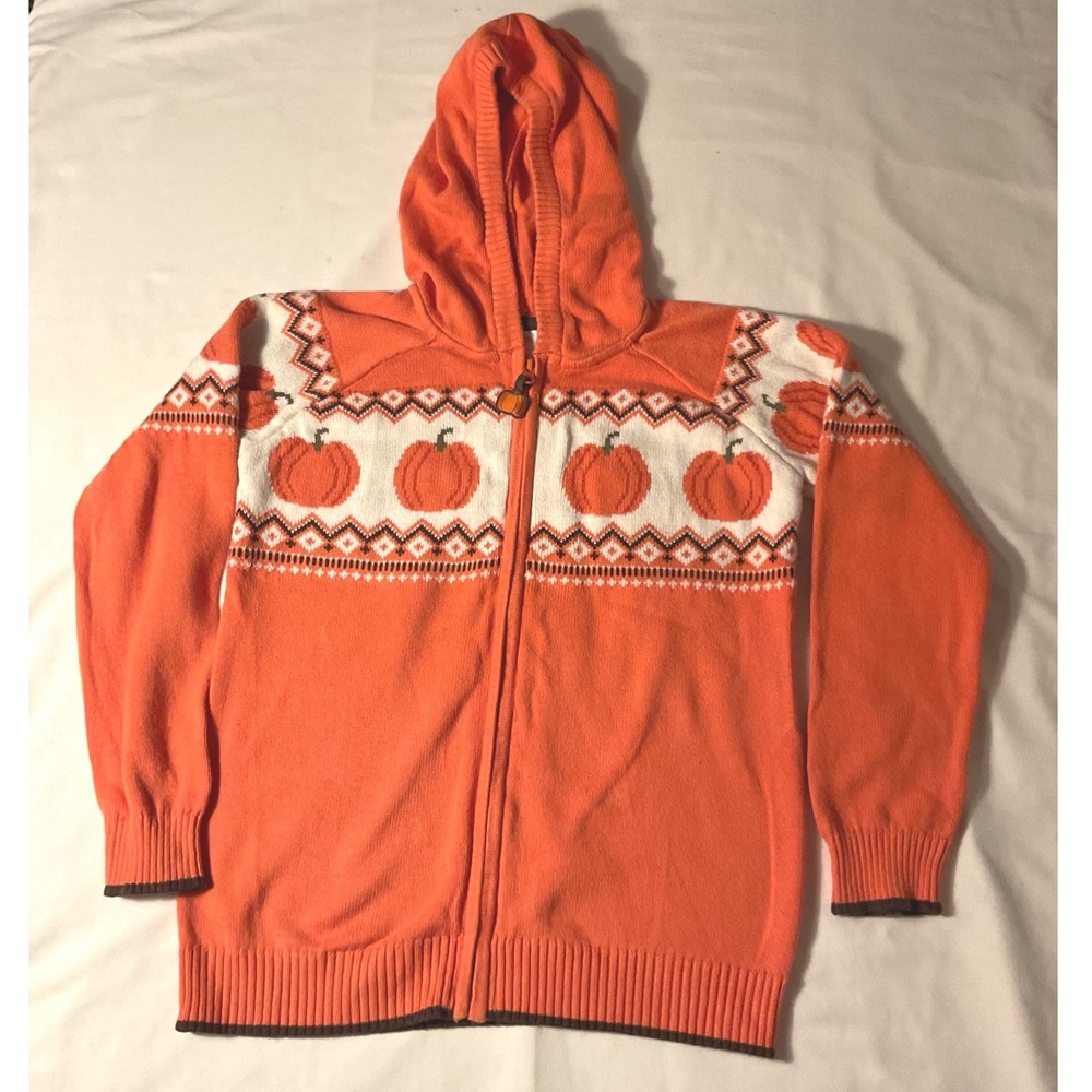 Gymboree Kids Orange Pumpkin Fair Isle Knit Zip Up Hoodie Sweater Size 7